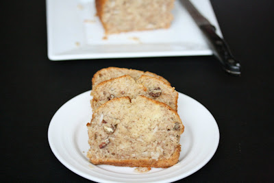 slices of banana coconut bread on a plate.