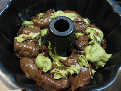 photo the chocolate batter topped with the matcha batter