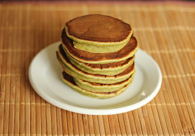 photo of a stack of Matcha pancakes