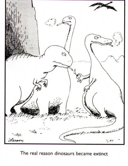 a Far Side cartoon with dinosaurs smoking