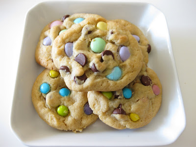 photo of chocolate chip cookies with pastel m&ms