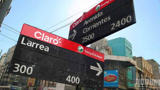 These street name signs in Buenos Aires are proudly presented by Claro and Sony Ericsson