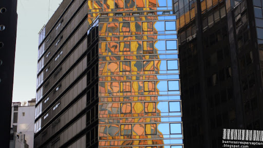Distorted Mosaic Reflection on a Modern Glass Facade of an Office Building in Buenos Aires, Argentina