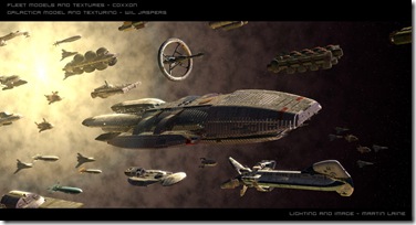 La «Galactica» junto al resto de astronaves del reducto de humanos sobrevivientes al genocidio «Cylon»