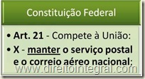 Constituição Federal - CF - Art. 21, X - Competência da União para a manutenção do Serviço Postal.