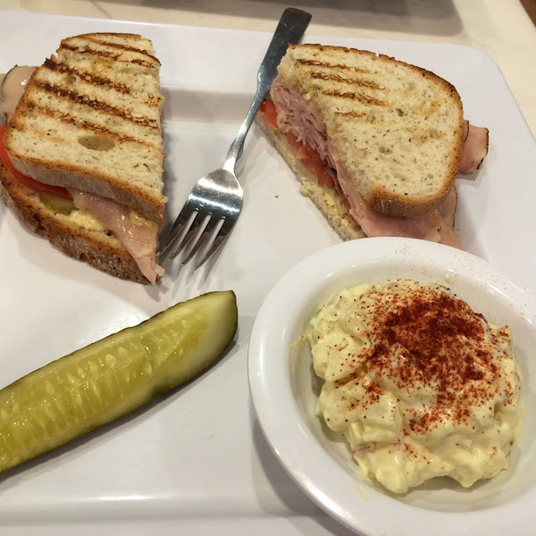 Ham & Cheese Toastie on Gluten Free bread with Potato Salad.