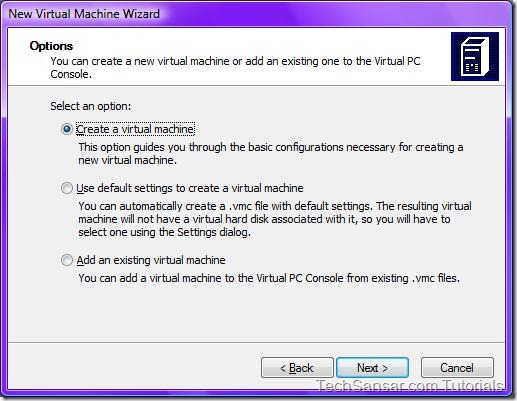 3New Virtual Machine Wizard Options