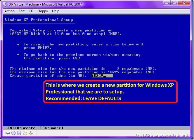16 Creating a new partition for Windows XP Professional Setup