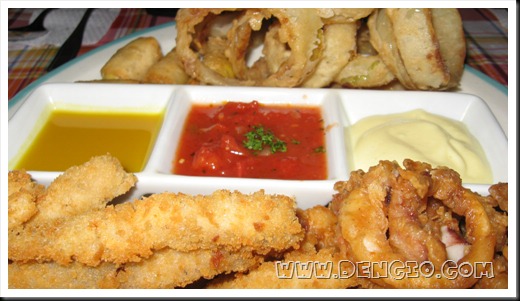 Onion Rings, Cheese Sticks, Chicken Tenders, and Squid Tentacles with 3 dips. Onion Rings, Cheese Sticks, Chicken Tenders, and Squid Tentacles with 3 dips.