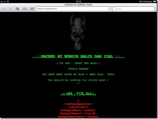 Tampilan situs TV One Hacked by Nurdin Halid dan Ical