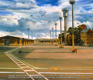 plein air oil painting of East Darling Harbour Wharves - now Barangaroo by industrial heritage artist Jane Bennett