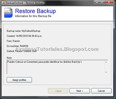 BackupOutlook - Restore Backup Entry 3 - AyudasyTutoriales