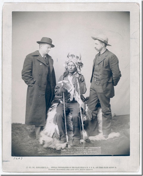 Title: "Little," the instigator of Indian Revolt at Pine Ridge
Little, Oglala band leader, full-length studio portrait seated between two Euro-American men who are standing on either side of him; Chris Mathison (?) on left. 1890.
Repository: Library of Congress Prints and Photographs Division Washington, D.C. 20540