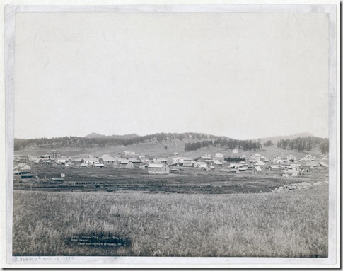Title: Custer City. Custer City, Dak. from the east
Distant view of small town; field in foreground and hills in background. 1890.
Repository: Library of Congress Prints and Photographs Division Washington, D.C. 20540