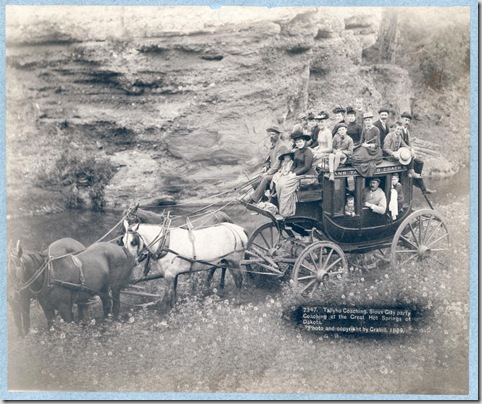 Title: Tallyho Coaching. Sioux City party Coaching at the Great Hot Springs of Dakota
Horse-drawn stagecoach carrying by formally dressed women, children, and men. 1889.
Repository: Library of Congress Prints and Photographs Division Washington, D.C. 20540