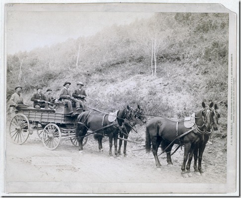Title: Wells Fargo Express Co. Deadwood Treasure Wagon and Guards with $250,000 gold bullion from the Great Homestake Mine, Deadwood, S.D., 1890
Five men, holding rifles, in a horse-drawn, uncovered wagon on a country road.
Repository: Library of Congress Prints and Photographs Division Washington, D.C. 20540