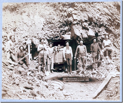 Title: Montana Mine
Eight men, holding pick axes and shovels, standing in front of entrance to mine. 1889.
Repository: Library of Congress Prints and Photographs Division Washington, D.C. 20540