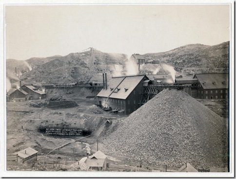 Title: "Mills and mines." Part of the great Homestake works, Lead City, Dak.
Bird's-eye view of mining factory, Homestake Works. 1889.
Repository: Library of Congress Prints and Photographs Division Washington, D.C. 20540