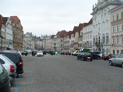 The ancient Stadplatz (main square) of Steyr. Much of it was rebuilt after WWII bombing.