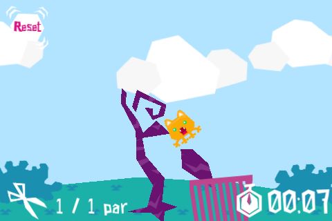 只要成功地讓外星貓滑到紫色籃子裡就過關囉