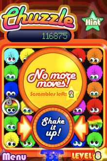 若畫面中再也沒有能夠配對消除的組合（No more moves）就得重新洗牌了