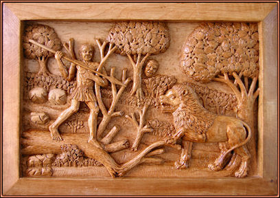 Serapio hernández. 'El ataque del león'. Tamaño: 42 x 60 cm. Abedul El ataque del león. Talla en madera