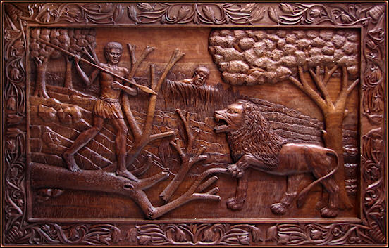 Serapio hernández. 'El ataque del león'. Tamaño: 108 x 170 cm. Bubinga El ataque del león 2. Talla en madera