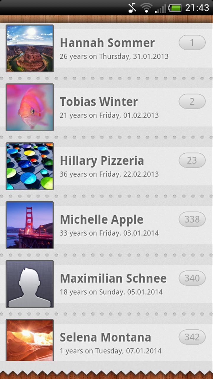 Birthdays Screen 1