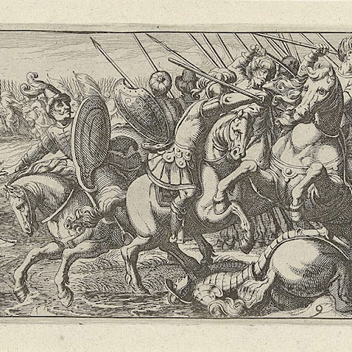 Veldslag bij een rivier, Simon Frisius, after Antonio Tempesta, 1595 ...