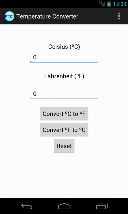 Android application Farenheit to Celsius Converter screenshort