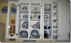 blue and white tea cups, saucers, teapots, etc.