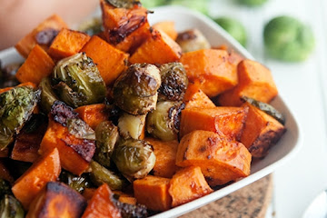 Maple Chipotle Roasted Sweet Potatoes and Brussels Sprouts