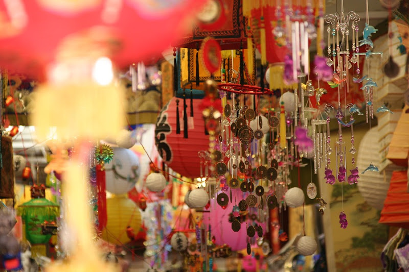 Lots of colors and items inside a Chinatown store