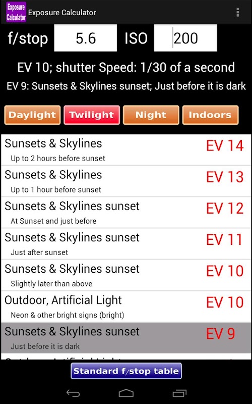 Android application Exposure Calculator screenshort