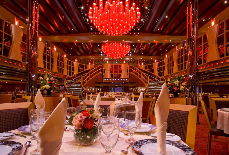 Dine on your choice of six main entrees at the Crimson, one of Carnival Dream's two main dining rooms.