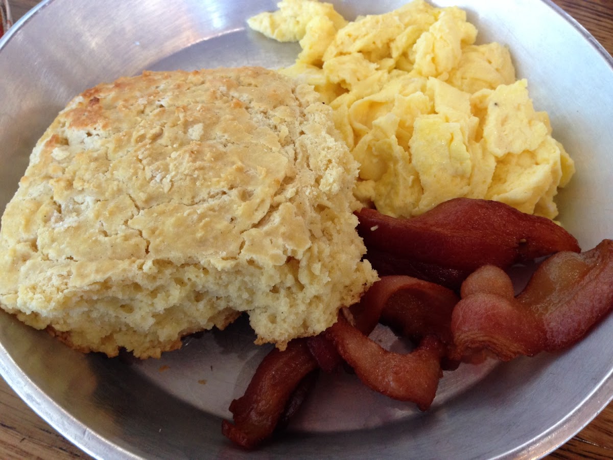 Gluten free biscuit, eggs & bacon--this runs about $8. Divine!!!