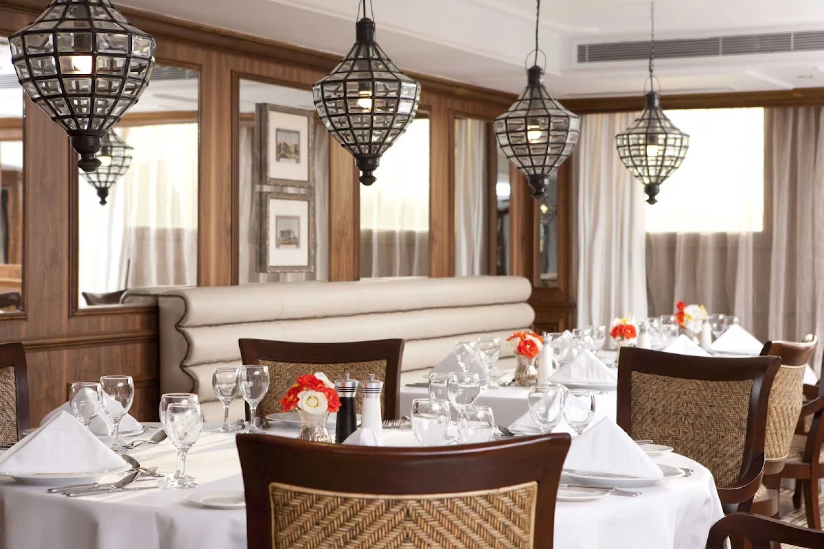 Uniworld-River-Tosca-restaurant - Enjoy a fine dining experience as you cruise along the Nile aboard River Tosca from Uniworld River Cruises.