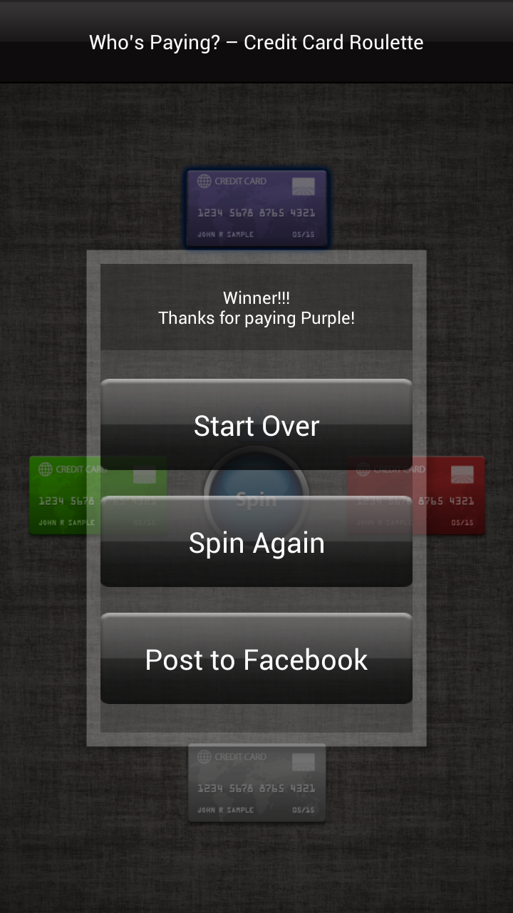 WhosPayin Credit Card Roulette Screen 1