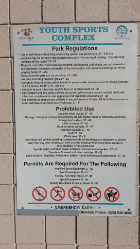 Glendale Youth Sports Complex Regulations Sign