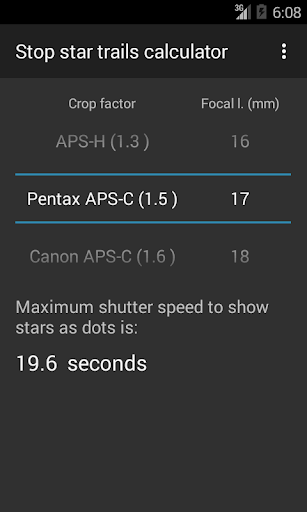 Stop star trails calculator