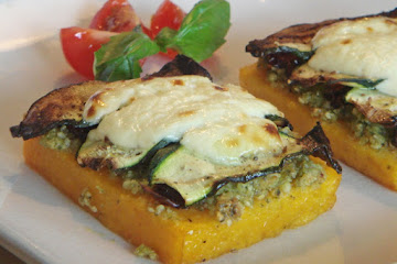 Grilled Polenta with Almond Pesto, Dried Tomatoes and Zucchini