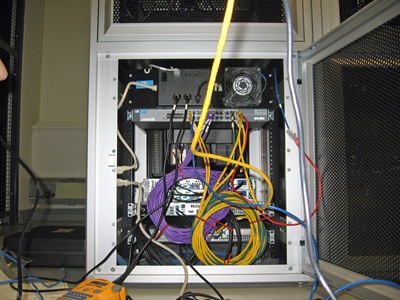 Resurrection's cabinet with servers and interconnect cables