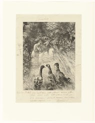 Badende vrouw en drie eenden op de oever