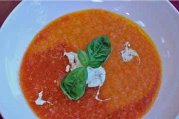Roasted Carrot &amp;amp; Tomato Soup with a Topping of Basil Infused Creme Fraiche
