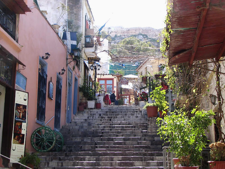 The Plaka, the neoclassical region clustered around the northern and eastern slopes of the Acropolis in Athens, Greece.