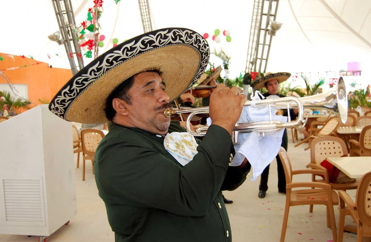mariachi-brass-Cozumel - Mariachi serenade visitors to Playa Mia on the island of Cozumel.