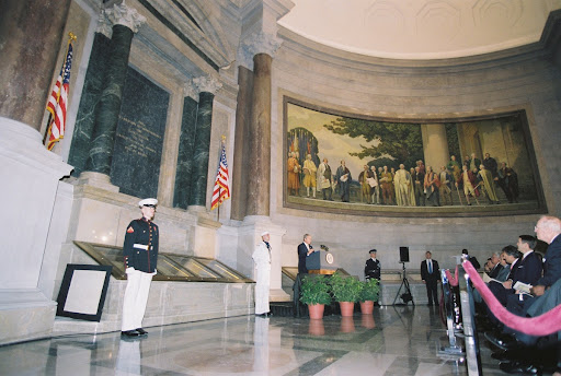 Photograph of President George W. Bush Delivering Remarks in the Rotunda of the National Archives Building