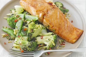 Sticky salmon with Chinese greens