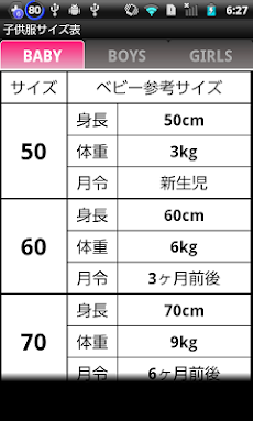 子供服サイズ表 Androidアプリ Applion
