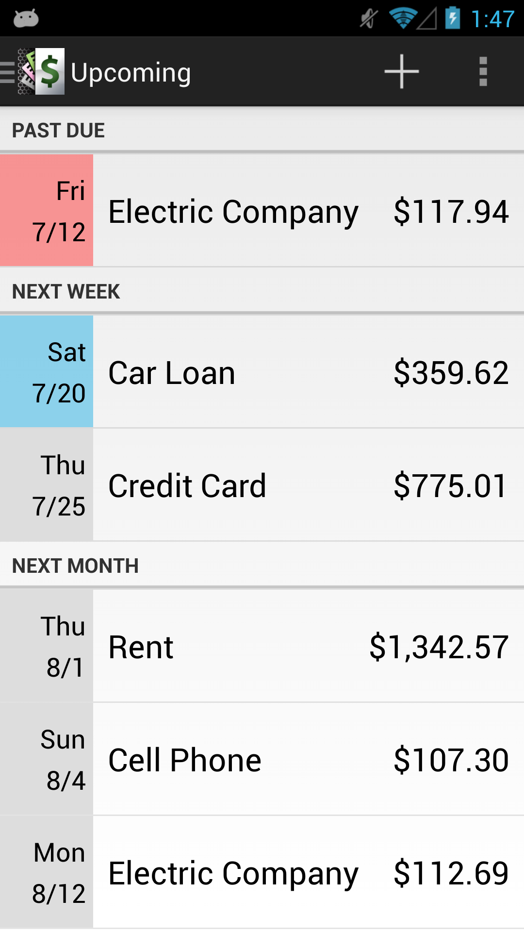 Android application BillMinder screenshort